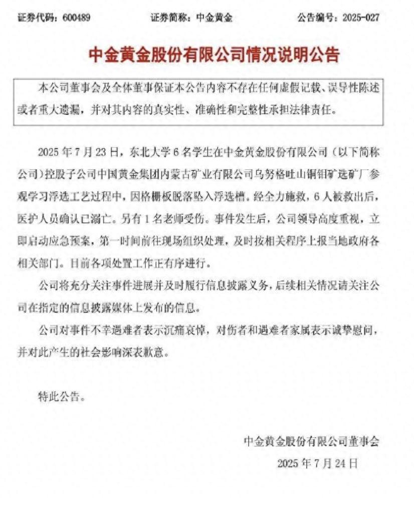 6名大学生参观学习中意外坠落溺亡，中金黄金：沉痛哀悼(图1)